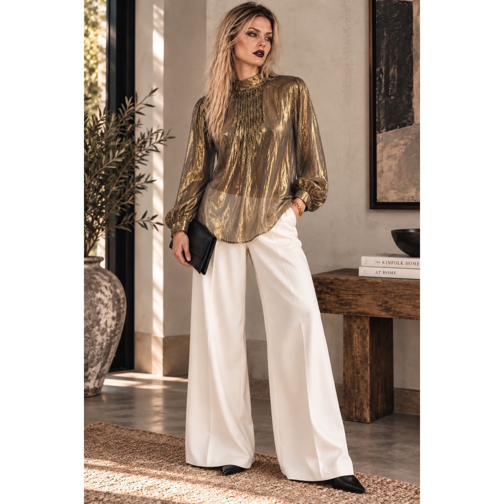 Vertigo Paris M Gold Metallic Silk Blouse Mock Neck
